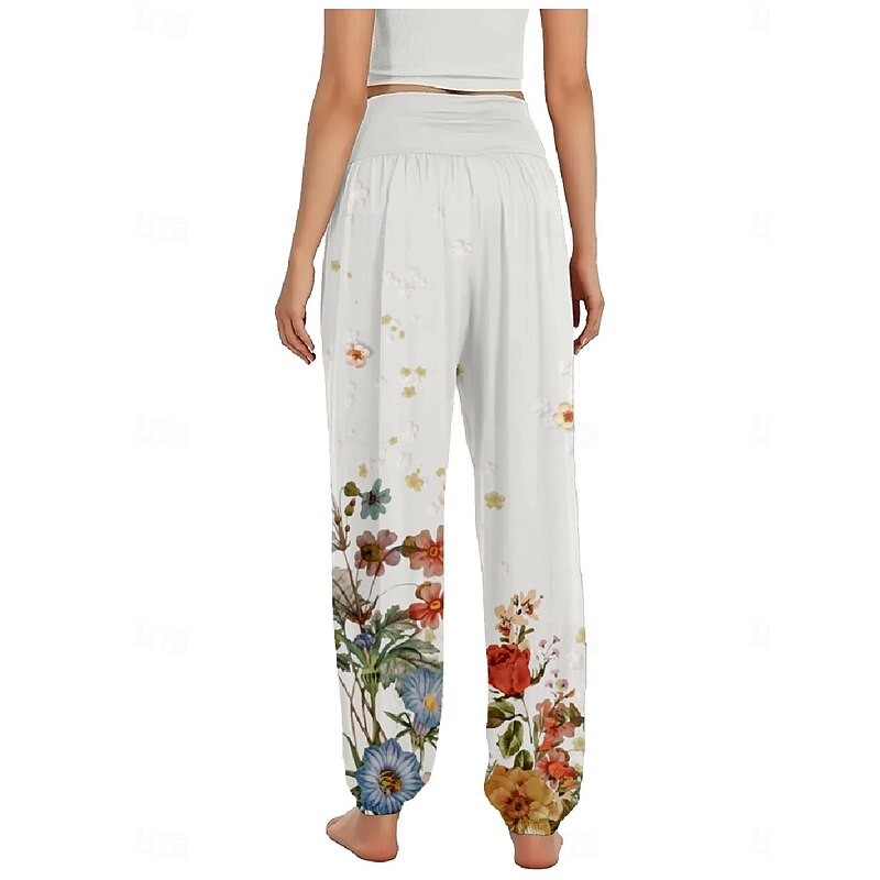 Women's Linen-Inspired Pants Wide Leg Pants Trousers Ethnic Style Casual Boho Full Length High Waist Floral Pocket Elastic Waist Printing Breathability Soft Micro-elastic Outdoor Yoga White Yellow2
