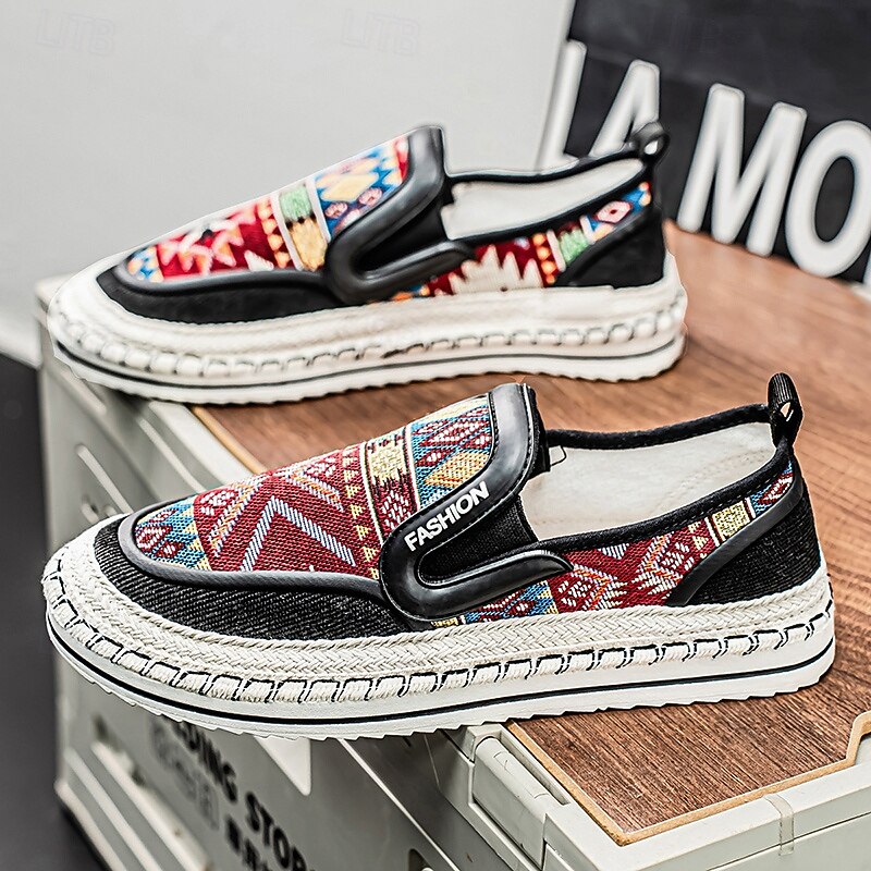 Men's Black and Red Slip-On Walking Shoes with Tribal Pattern – Comfortable and Stylish Sneakers for Casual and Outdoor Activities2