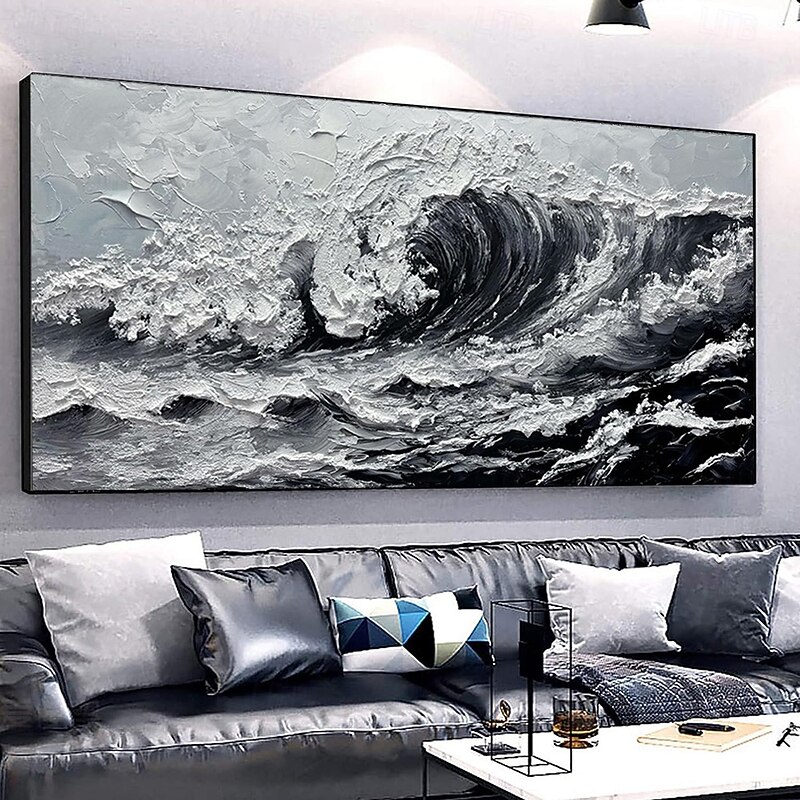 Handmade Oil Painting Canvas Wall Art Decoration Modern Black and White Sea Wave Abstract Texture  for Living Room Home Decor Stretched Frame Hanging Painting/Rolled Frameless Unstretched Painting2