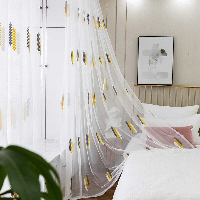 2Pcs American Country Style Wheat Ear Embroidery Window Screen Living Room Bedroom Dining Room Study Semi Transparent Curtains2