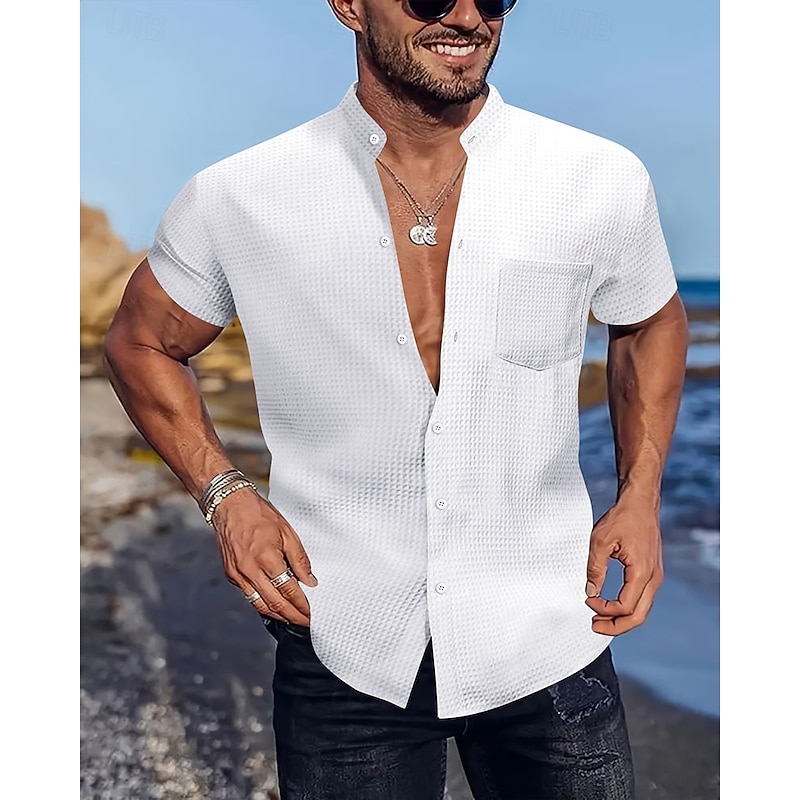 Men's Shirt Summer Shirt Casual Shirt Beach Shirt Button Up Shirt Black White Dark Navy Sky Blue khaki Short Sleeve Plain Grandad Collar Henley Vacation Hawaiian Clothing Apparel Polyester Fashion