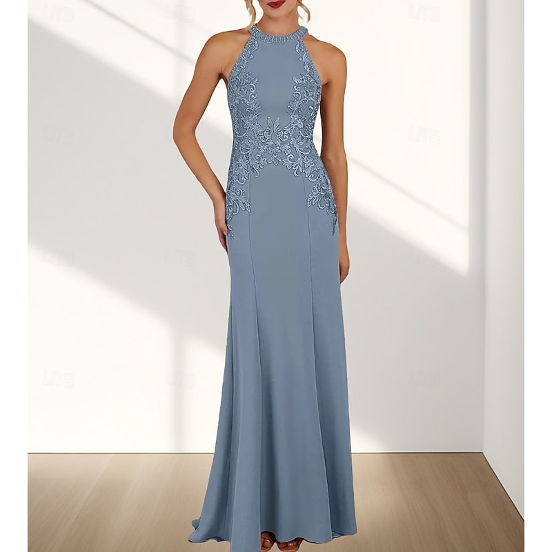 Mermaid / Trumpet Bridesmaid Dress Crew Neck / Halter Neck Sleeveless Elegant Sweep / Brush Train Chiffon with Appliques