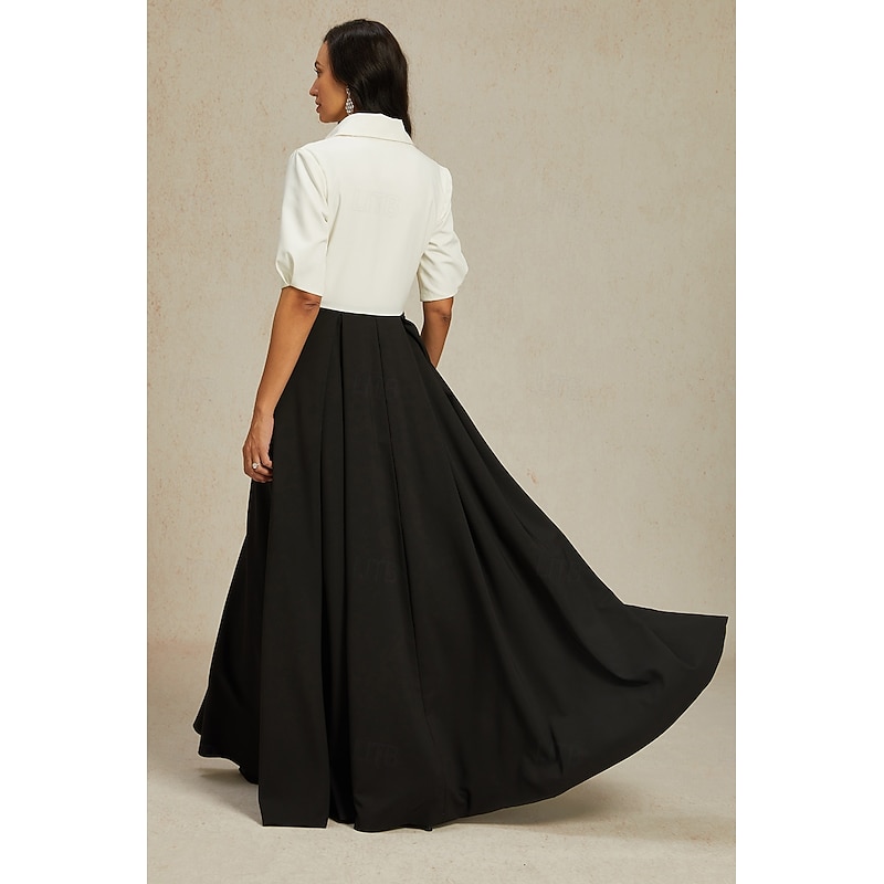 A-Line Mother of the Bride Dress Elegant Party Shirt Collar Floor Length Taffeta Short Sleeve with Bow(s) Color Block2