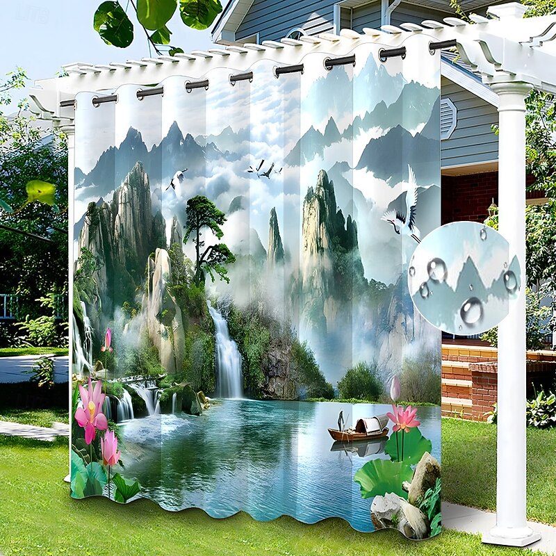 Waterproof Outdoor Curtain Privacy, Sliding Patio Curtain Drapes, Pergola Curtains Grommet 3D Nature Landscape for Gazebo, Balcony, Porch, Party, 1 Panel