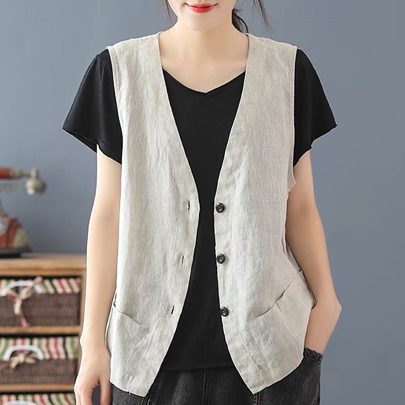 Women's Linen-Inspired Shirts Plain Casual Sleeveless V Neck Regular Tops Daily Holiday Going out Buttons Black White Summer