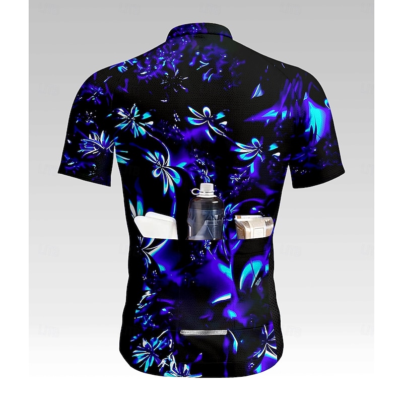 Men's Cycling Jersey Graphic Plants Floral Botanical Short Sleeve Bike Tee Tshirt Top with 3 Rear Pockets UV Resistant Quick Dry Front Zipper Reflective Strips Sports Royal Blue Clothing Apparel2