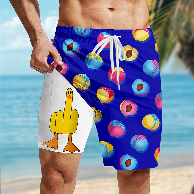 Men's Funny Peach Duck Lined Shorts 2 in 1 Board Shorts Swim Shorts Mid Waist Hawaiian Vacation Holiday Beach Wear Side Pockets With Compression Liner Elastic Drawstring Waist Designer Clothing