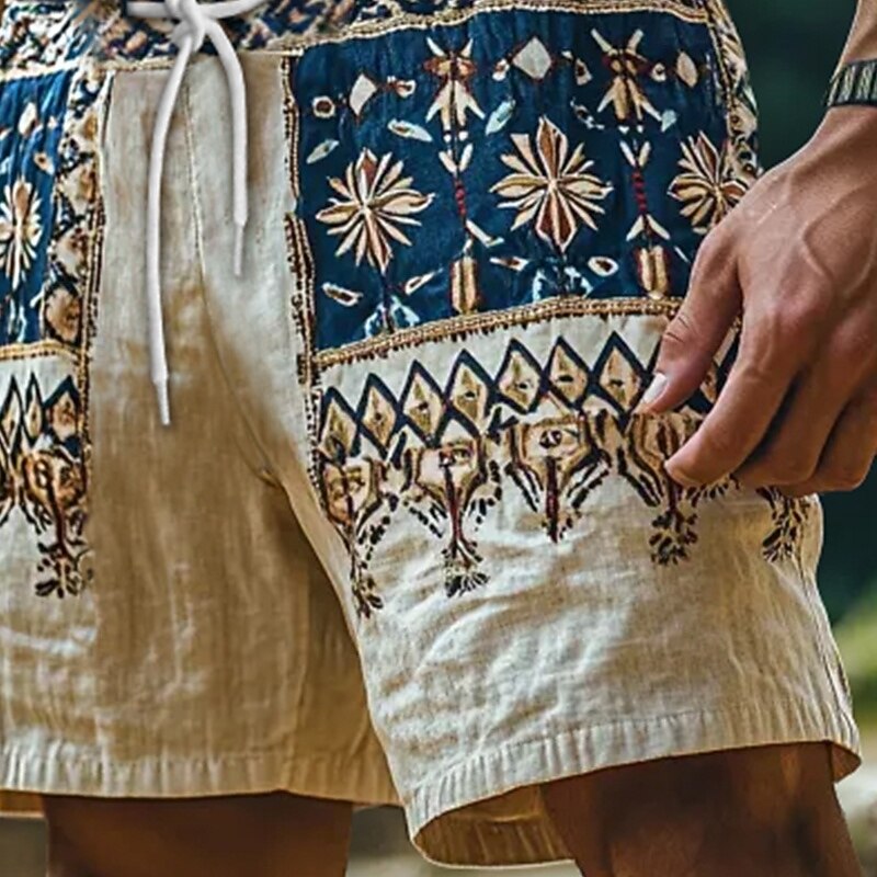 Men's Shorts Linen Shorts Summer Shorts Beach Shorts Drawstring Elastic Waist Straight Leg Plain Comfort Breathable Knee Length Outdoor Daily Holiday Vacation Ethnic Style Khaki2