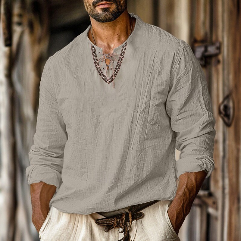 Men's Shirt Linen Shirt Viking Style Summer Shirt Beach Wear Pirate Shirt Solid Color Vacation Casual Black Navy Blue Sky Blue Green Long Sleeve Collarless Summer Spring Clothing Apparel Patchwork4