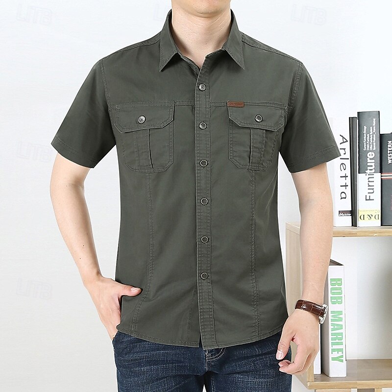 Men's Shirt Summer Shirt Casual Shirt Button Up Shirt Cargo Shirt Black Yellow Blue Orange Green Short Sleeve Plain Shirt Collar Vacation Hawaiian Pocket Clothing Apparel 100% Cotton Fashion Casual2
