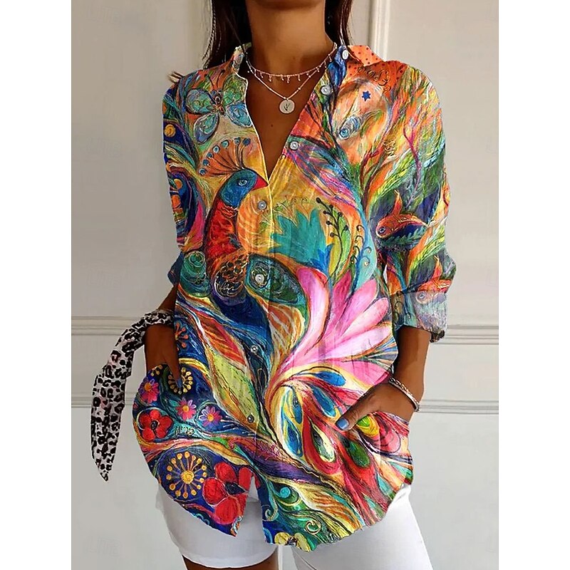 Women's Shirt Button Down Tunic Shirt Collar Long Sleeve Floral Graphic Bird Daily Stylish Casual Regular Tops Work Daily s Print Red Blue Sky Blue Orange Green Spring3