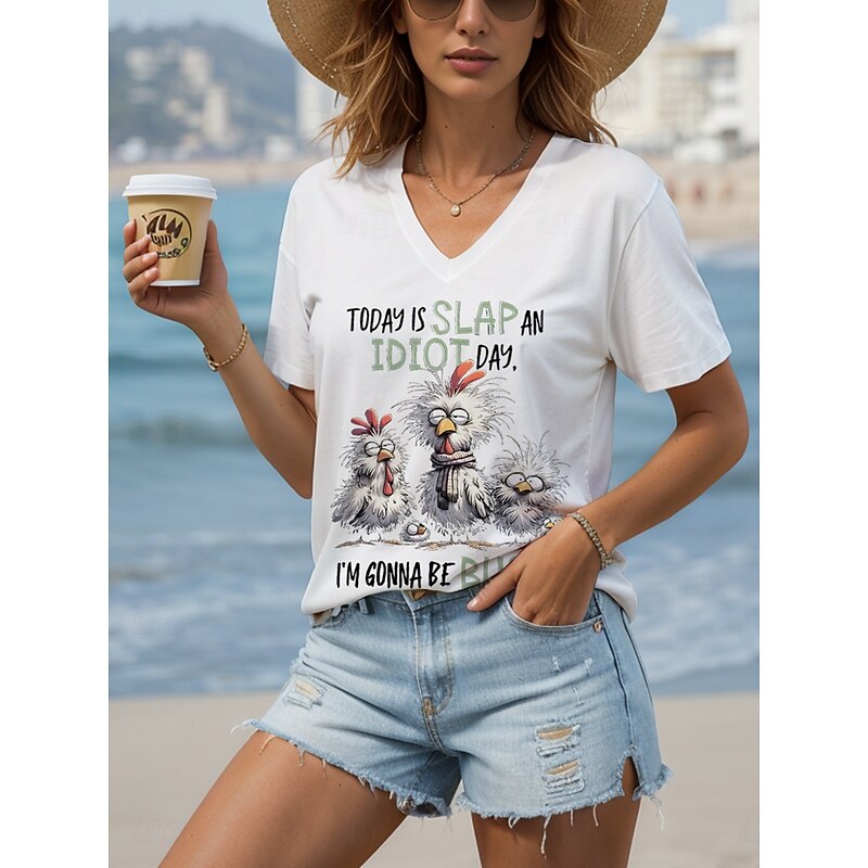 Women's Blouse Graphic Rooster Letter Casual Short Sleeve V Neck Regular Tops Daily Going out Beach Wear Print Black White Summer Spring4