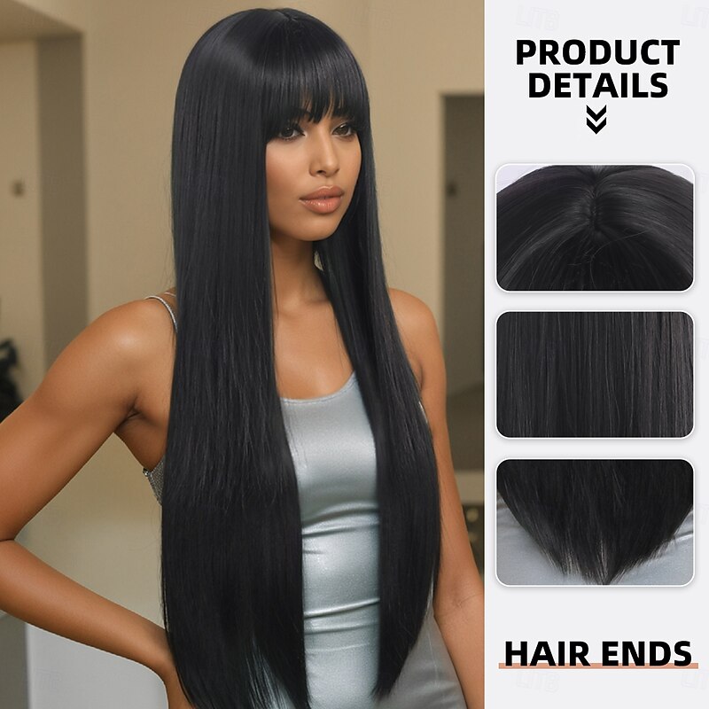 Synthetic Wig kinky Straight Natural Straight Layered Haircut Neat Bang Machine Made Wig 32 inches A1 Synthetic Hair Women's Creative Classic Comfortable Black Brown2