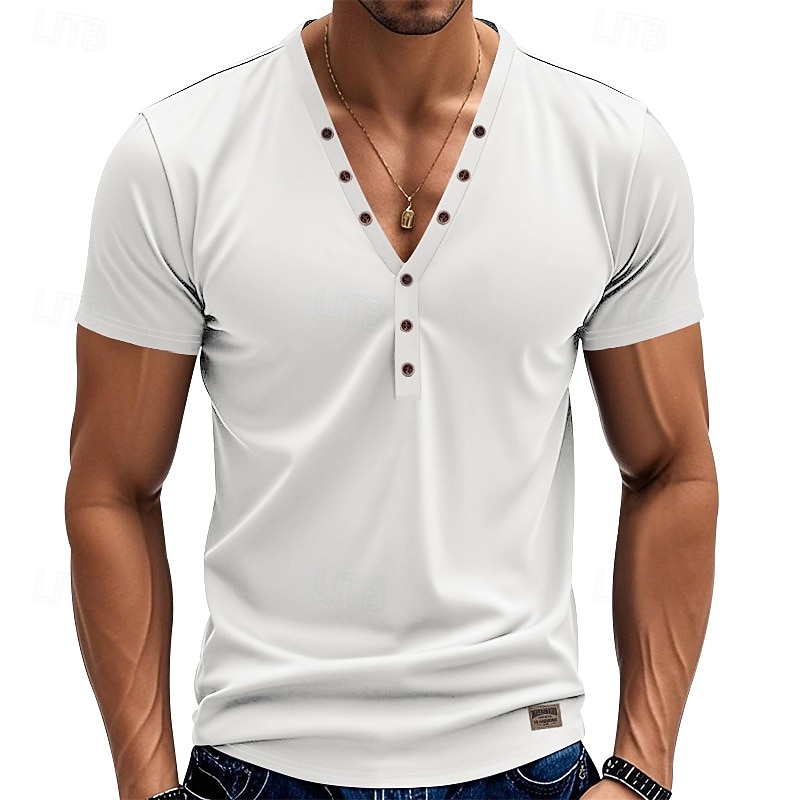 Men's T Shirt Henley Shirt Tee Short Sleeve Shirt Short Sleeve V Neck Summer Plain Fashion Designer Basic Plain Vacation Street Going out White Black Light Blue Top Tee for Men