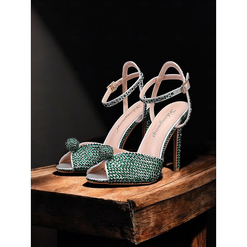 Women's Rhinestone Embellished Stiletto Heel Sandals with Ankle Strap - Sparkling Party Wedding Shoes