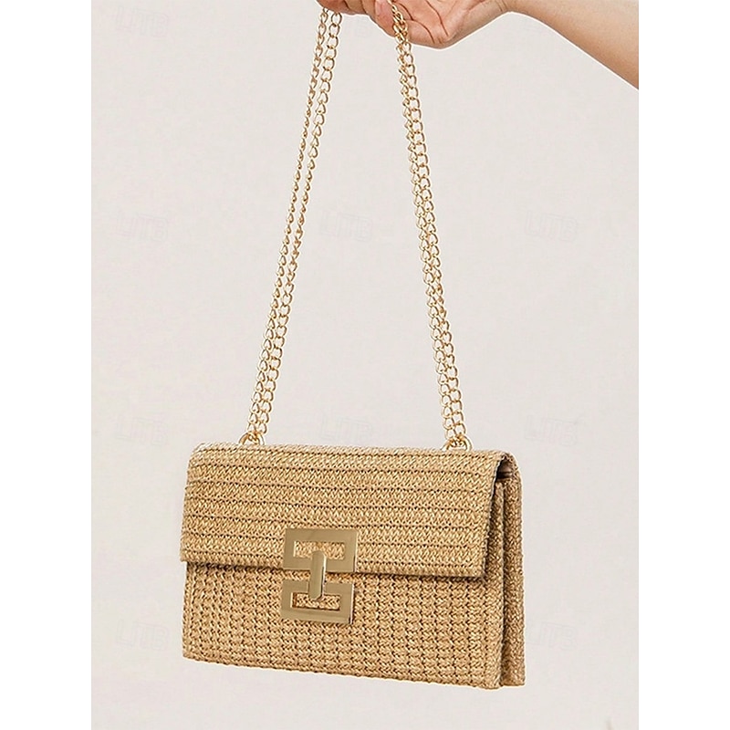 Women's Woven Straw Shoulder Bag with Gold Chain Strap – Elegant Summer Clutch Purse for Beach, Vacation & Resort Outfits