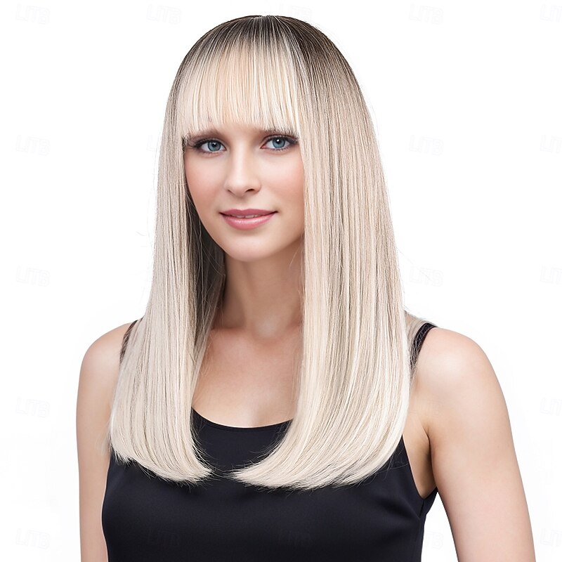 Synthetic Wig kinky Straight Natural Straight Layered Haircut Neat Bang Machine Made Wig 20 inch A1 Synthetic Hair Women's Classic Comfortable Color Gradient Gray2