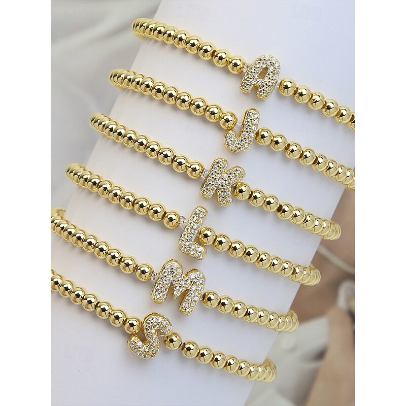 Women's Gold Beaded Initial Bracelet - Personalized Alphabet Charm Jewelry, Adjustable Elastic Stretch Design, Elegant Style, Suitable for Graduation Gifts, Birthdays and Daily Wear3