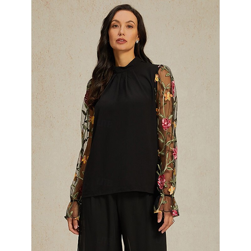 Women's Tunic Solid Color Plain Elegant Casual Long Sleeve Crew Neck Regular Tops Daily Embroidered Mesh Black Spring Fall4