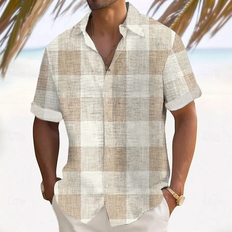 Men's Geometric Color Block Patchwork Shirt Summer Shirt Button Up Shirt Short Sleeve Fashion Casual Vacation Holiday Streetwear Summer Turndown 3D Print Linen Like Shirt Blue Khaki