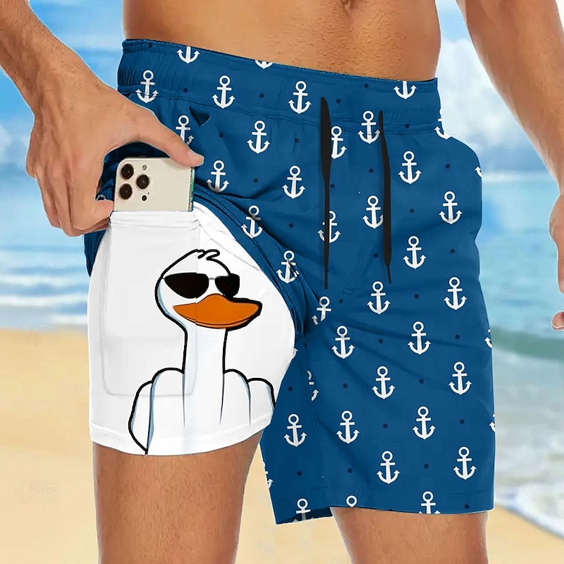 Men's Anchor Funny Duck Lined Shorts 2 in 1 Board Shorts Swim Shorts Mid Waist Hawaiian Vacation Holiday Beach Wear Side Pockets With Compression Liner Elastic Drawstring Waist Designer Clothing