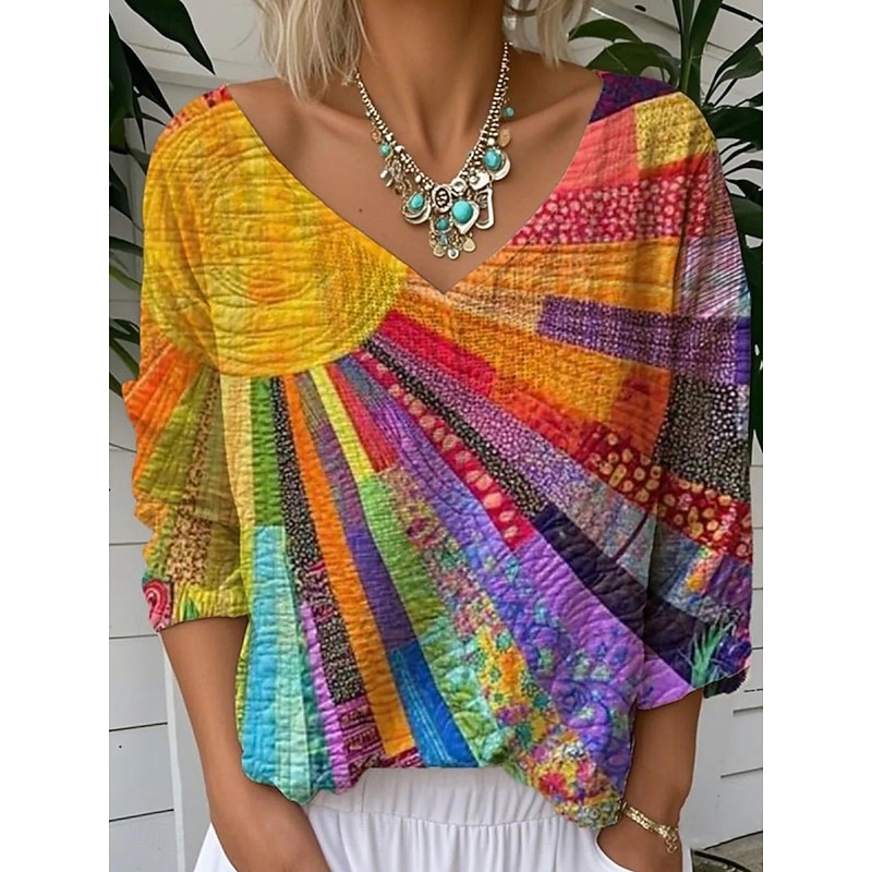 Women's Blouse Floral Graphic Striped Stylish Casual 3/4 Length Sleeve V Neck Regular Tops Daily Blue Orange Summer Spring