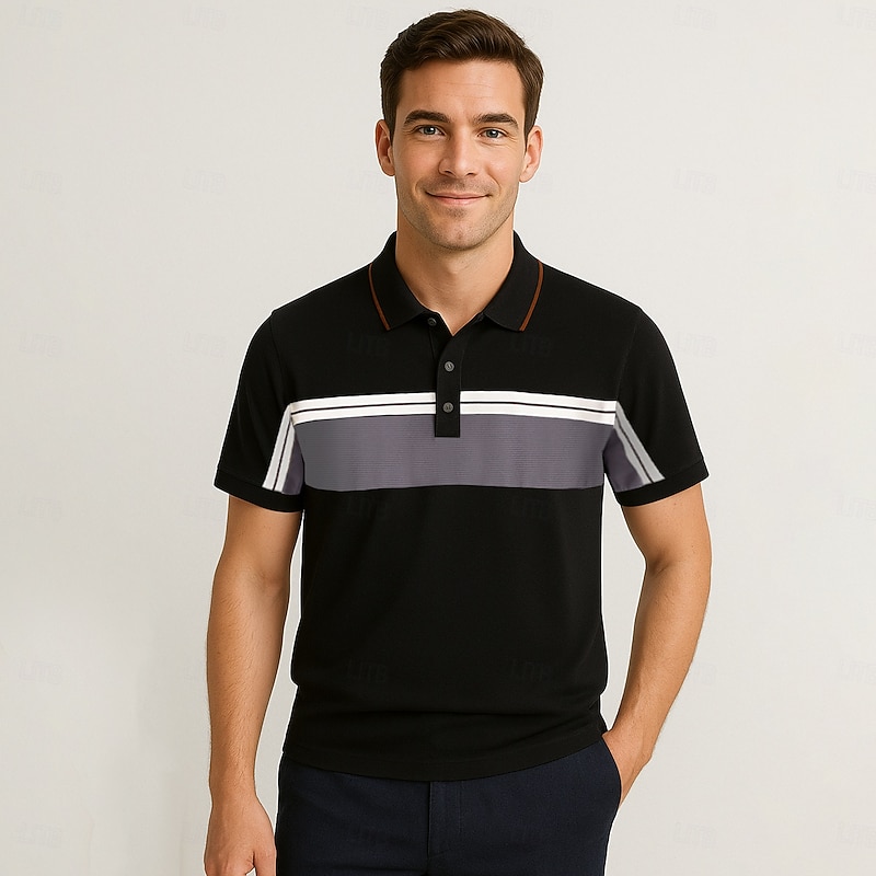 Men's Polo Knit Polo Sweater Business Casual V Neck Short Sleeve Formal Color Block Patchwork Buttons Summer All Seasons Black White Coffee Polo