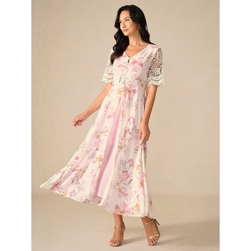 Women's Wedding Guest Cocktail Dress Floral Lace Button V Neck Maxi Dress Elegant Stylish Party Short Sleeve Summer3