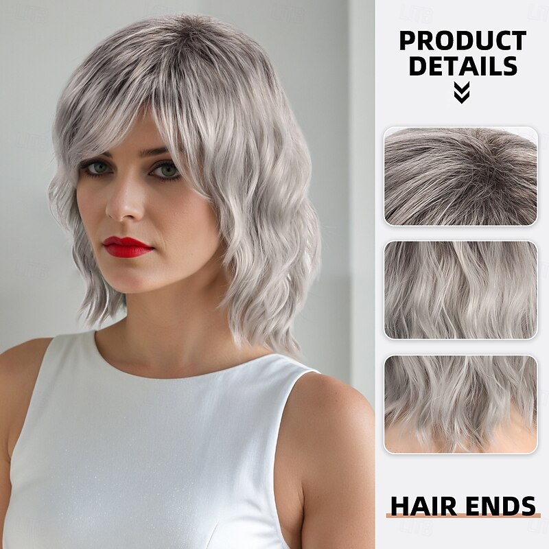 Synthetic Wig Curly Micro Locs Asymmetrical Deep Parting Machine Made Wig 16 inch A1 Synthetic Hair Men's Middle Part Cool Comfortable Silver2