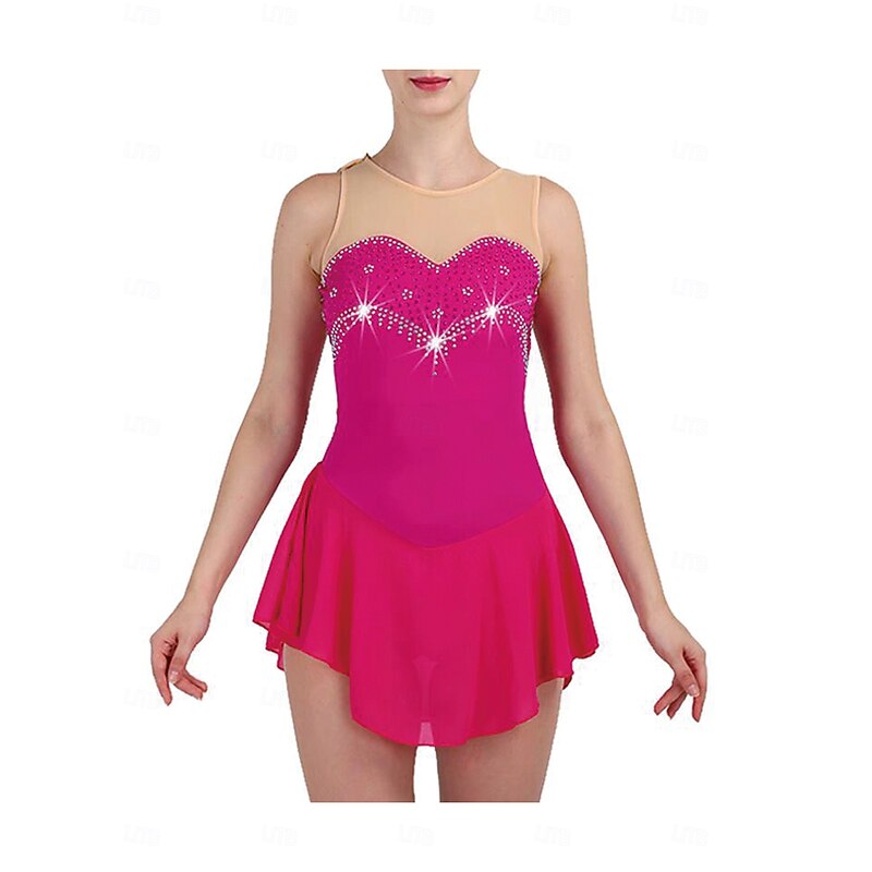 Figure Skating Dress Women's Girls' Ice Skating Dress Rose Red Patchwork Open Back Mesh Spandex Stretchy Training Practice Professional Skating Wear Thermal Warm Crystal / Rhinestone Sleeveless Ice