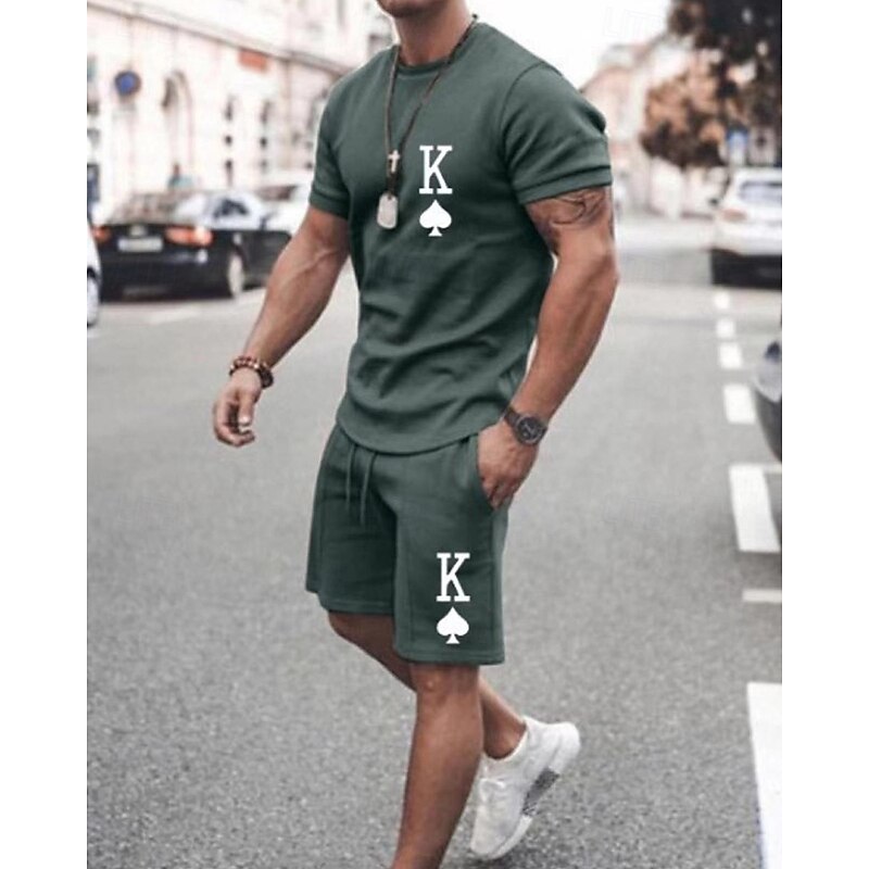 Men's T-shirt Suits 2 Pieces Outfits Tee & Shorts Short Sleeve Crew Neck Summer Heart Quotes & Sayings Fashion Casual 2 Piece Vacation Daily Wear Going out Green+Lime Black White Top Tee for Men4