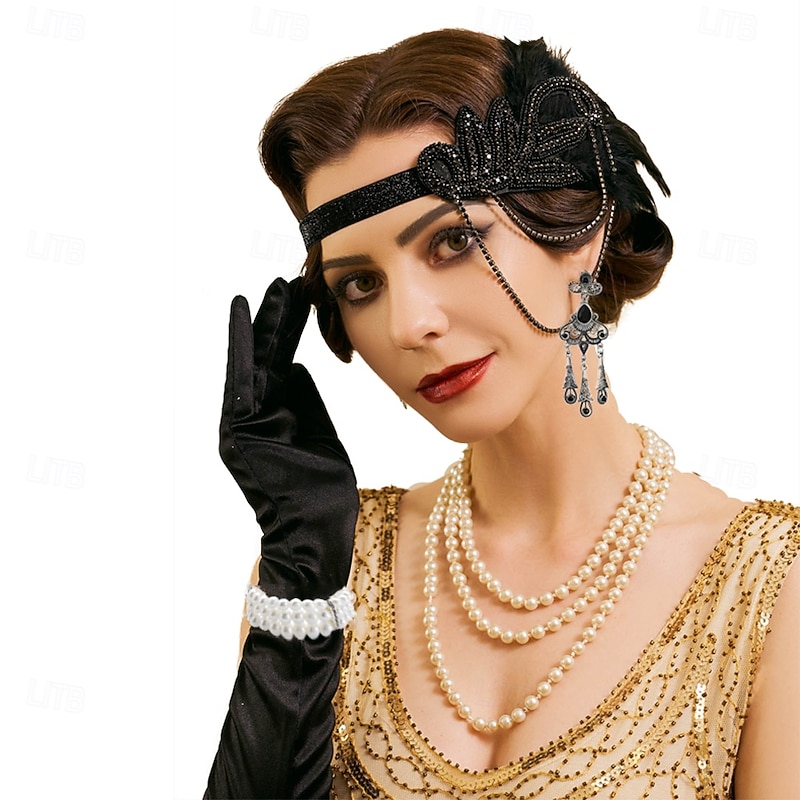1920s The Great Gatsby Flapper Headband The Great Gatsby Sequins Vintage Fashion Collarless Fancy Dress Women's Halloween Carnival Masquerade Party Masquerade Festival Adults' 1 Bracelet Gloves2