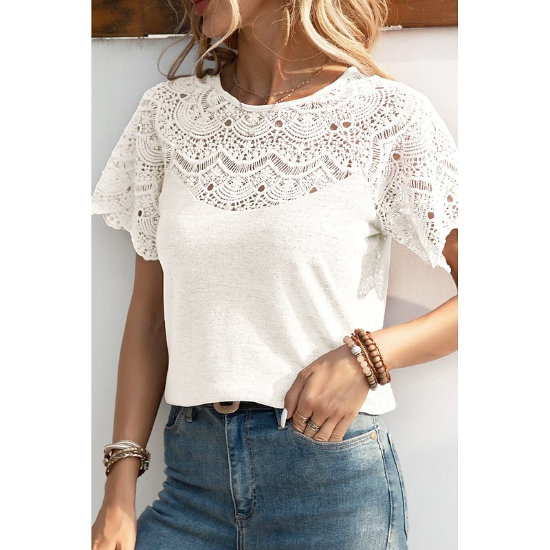 Women's Blouse Lace Tops Plain Casual Short Sleeve Crew Neck Regular Tops Daily Holiday Going out Lace Black White Purple Summer3