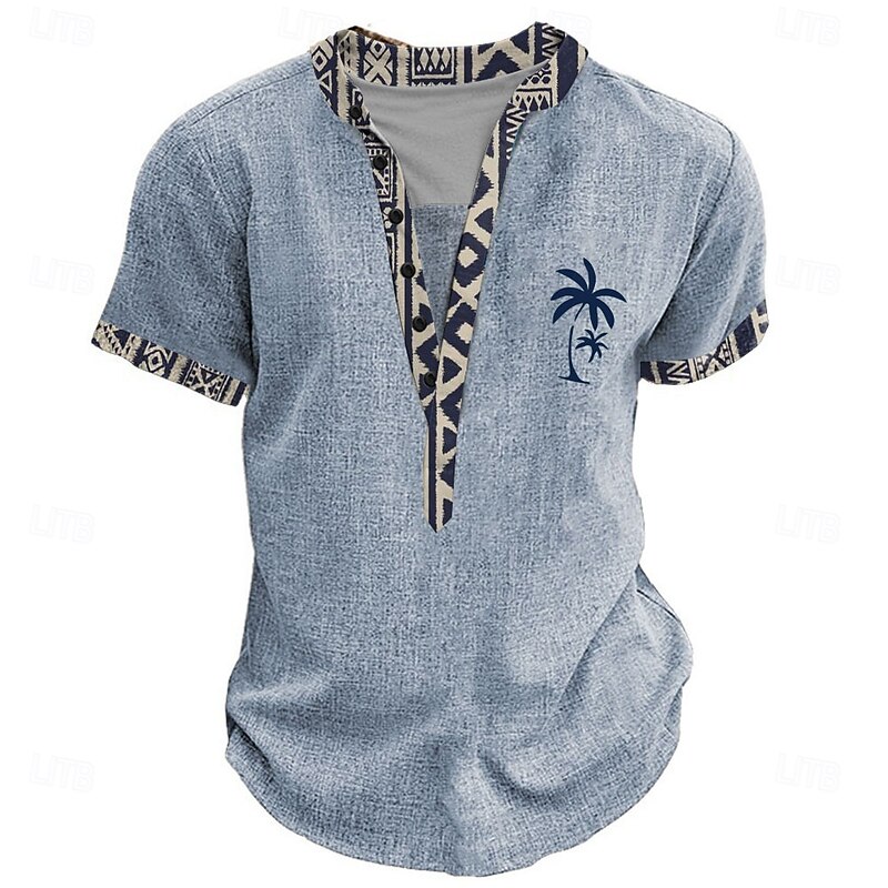 Men's Graphic Tribal Henley Shirt Short Sleeve 3D Print Fashion Designer Basic Street Casual Daily Summer Spring Light Blue Black Light Green Khaki Henley Henley T-Shirt