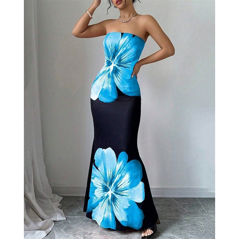 Women's Long Dress Maxi Dress Prom Dress Bodycon Summer Dress Elegant Fashion Party Holiday Date Regular Fit Flower Sleeveless Strapless Red Blue Summer Spring3