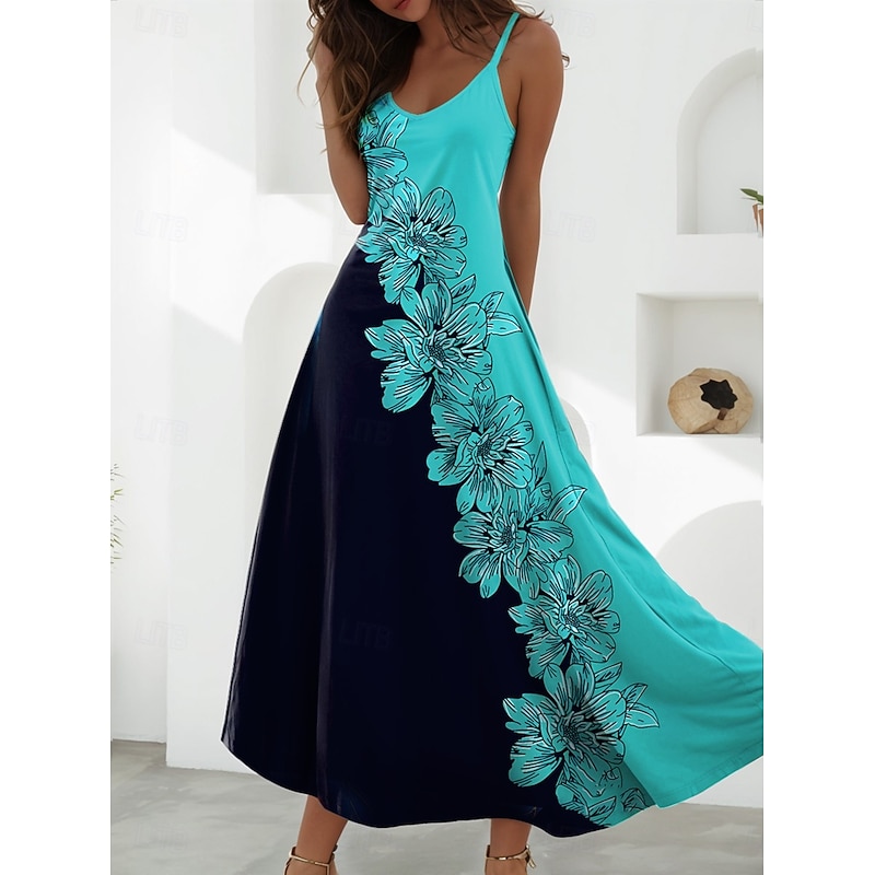 Women's Maxi Dress A Line Dress Slip Dress Vacation Casual Beach Going out Beach Regular Fit Floral Graphic Sleeveless V Neck Black Green Light Green Red Blue Summer Spring