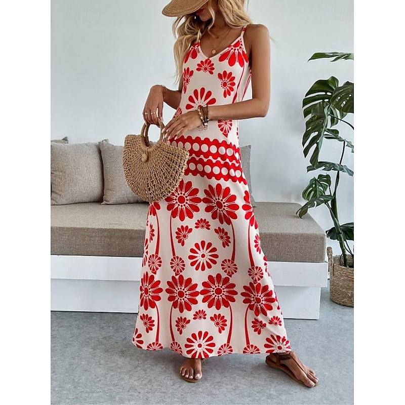 Women's Maxi Dress A Line Dress Slip Dress Vacation Casual Boho Party Going out Standard Fit Floral Graphic Sleeveless V Neck Orange red Black Blue Green Summer Spring4
