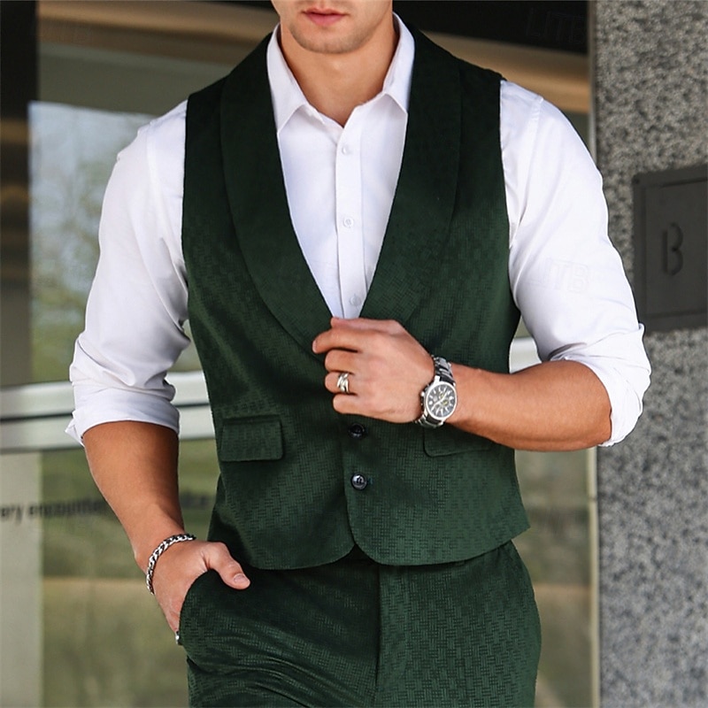 Men's Vest Waistcoat Gilet Vacation Party Business Fashion Casual Summer Spring Buttons Pocket Polyester Comfortable Plain Single Breasted Lapel Regular Fit Dark Green Vest3