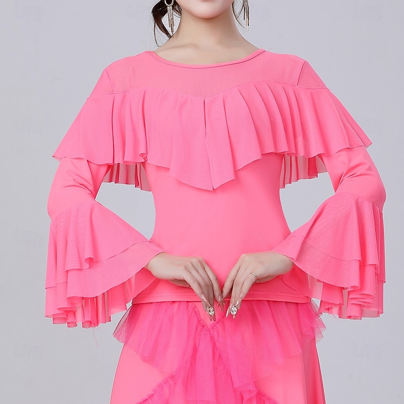 Latin Dance Top Ruffles Pure Color Splicing Women's Performance Training Long Sleeve High Polyester