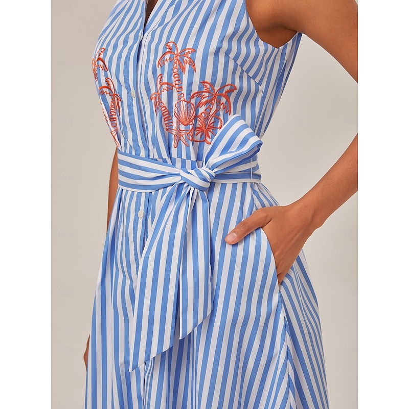 Summer Striped Embroidered Sleeveless Mid-length Dress2