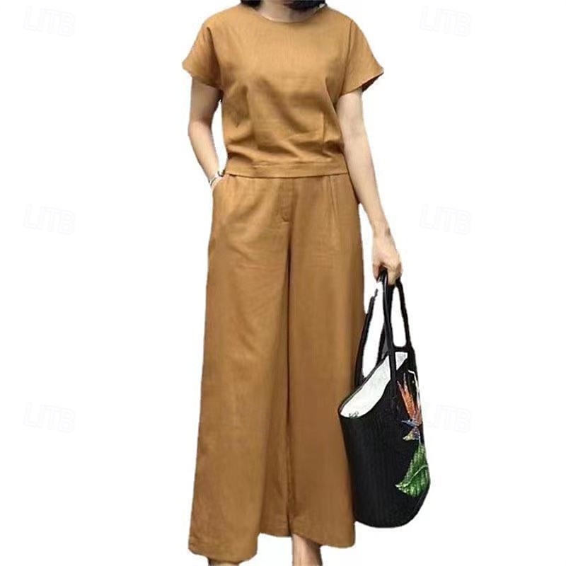 Women's Fashion Streetwear Cotton Linen Sets Two Piece Sets Pants Sets Short Sleeve Crew Neck Plain Daily Wear Date Yellow Blue Brown Summer Regular Fit4