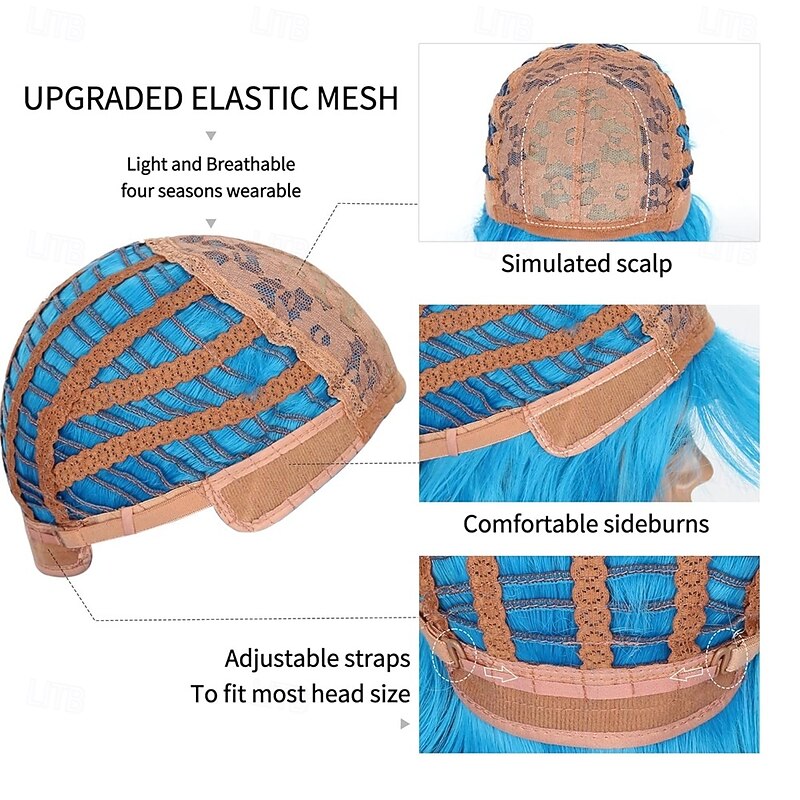 Short Bob Wigs Lake blue Wavy Wig With Air Bangs Women's Shoulder Length Wigs Curly Wavy Synthetic Cosplay Wig Pastel Bob Wig for Girl Colorful Wigs3