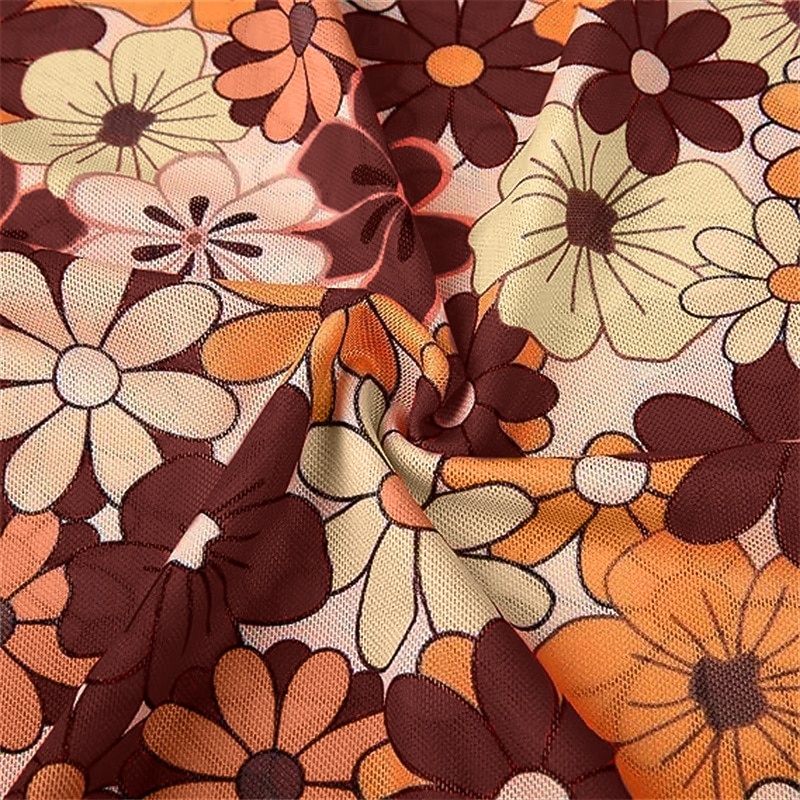 1970s Outfits for Women Bell Sleeve Tops Disco Outfit Floral Mock Neck Mesh Top4