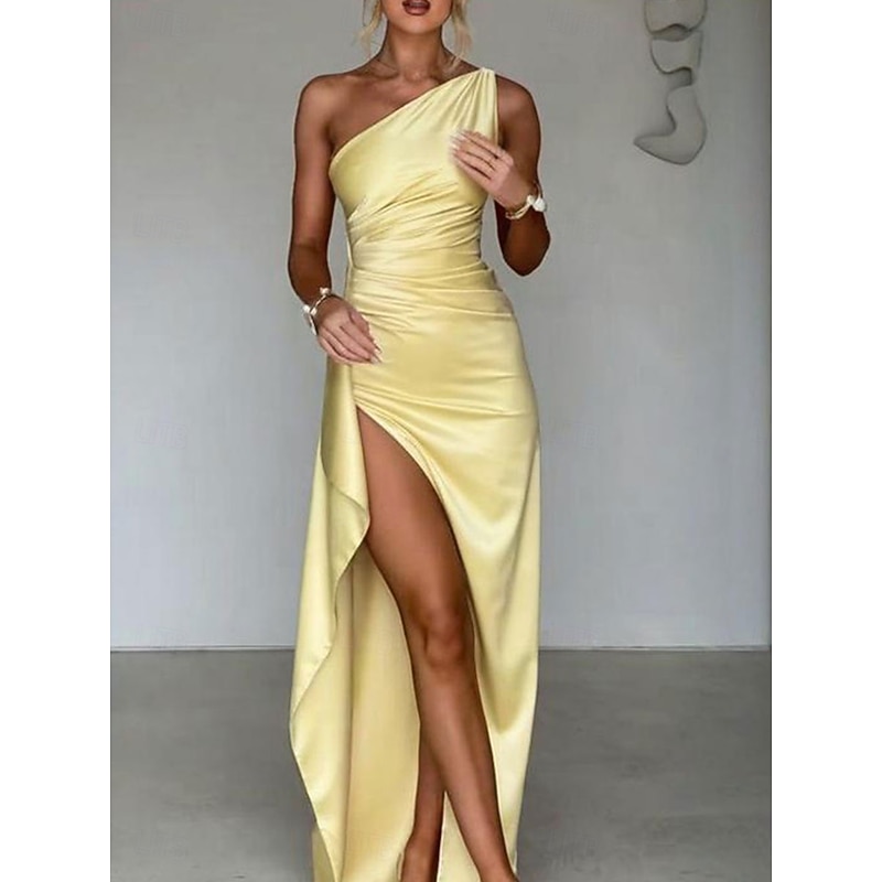 Mermaid / Trumpet Party Dresses Elegant Dress Wedding Wedding Guest Floor Length Sleeveless One Shoulder Satin with Ruched Details