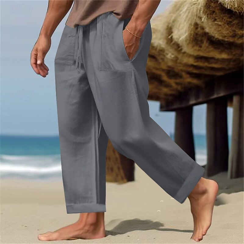 Men's Linen Pants Trousers Summer Pants Beach Pants Casual Pants Pocket Drawstring Plain Comfort Breathable Vacation Daily Holiday Simple Casual Dark Brown Lake blue3