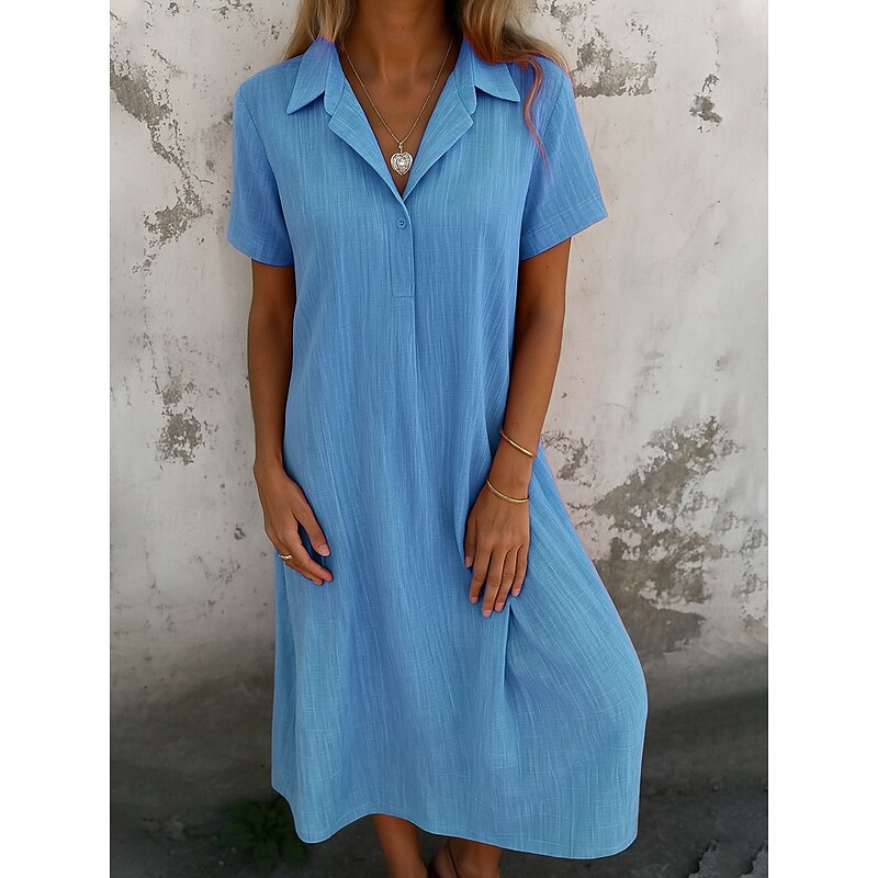 Women's Cotton Linen Midi Dress Sundress Shift Dress Summer Dress Casual Daily Holiday Regular Fit Plain Short Sleeve Lapel Pink Blue Orange Green Summer Spring