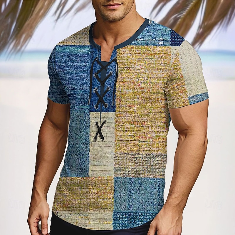 Men's Patchwork Shirt Short Sleeve T shirt 3D Print Lace Up Neck Shirt Vacation Fashion Casual Street Casual Daily Blue Purple Brown Summer Spring Clothing Apparel S M L XL XXL XXXL
