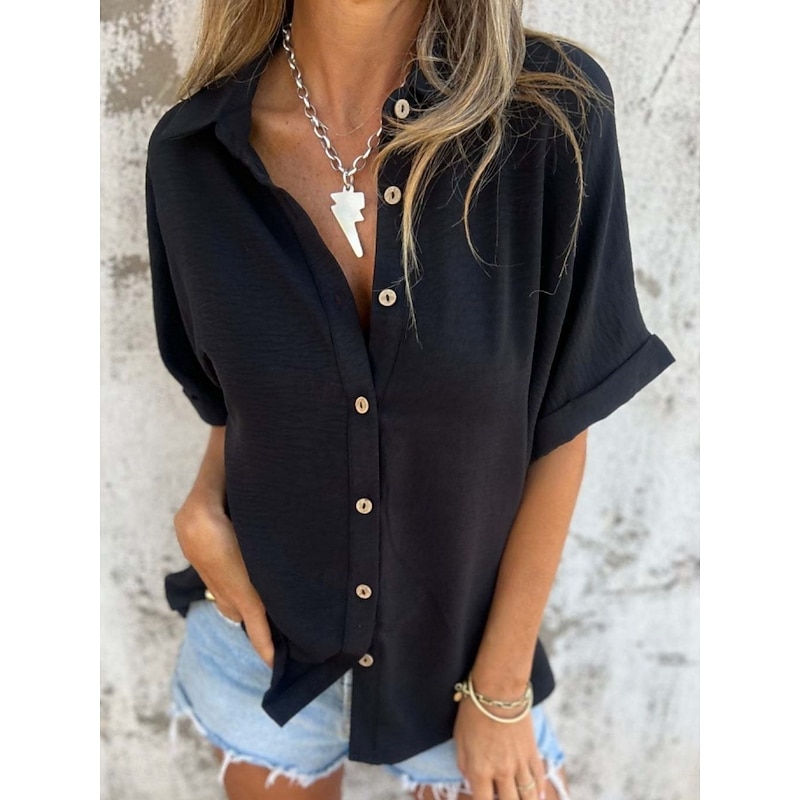 Women's Shirt Plain Basic Modern Half Sleeve Shirt Collar Regular Tops Daily Buttons Black White Red Camel Purple Summer