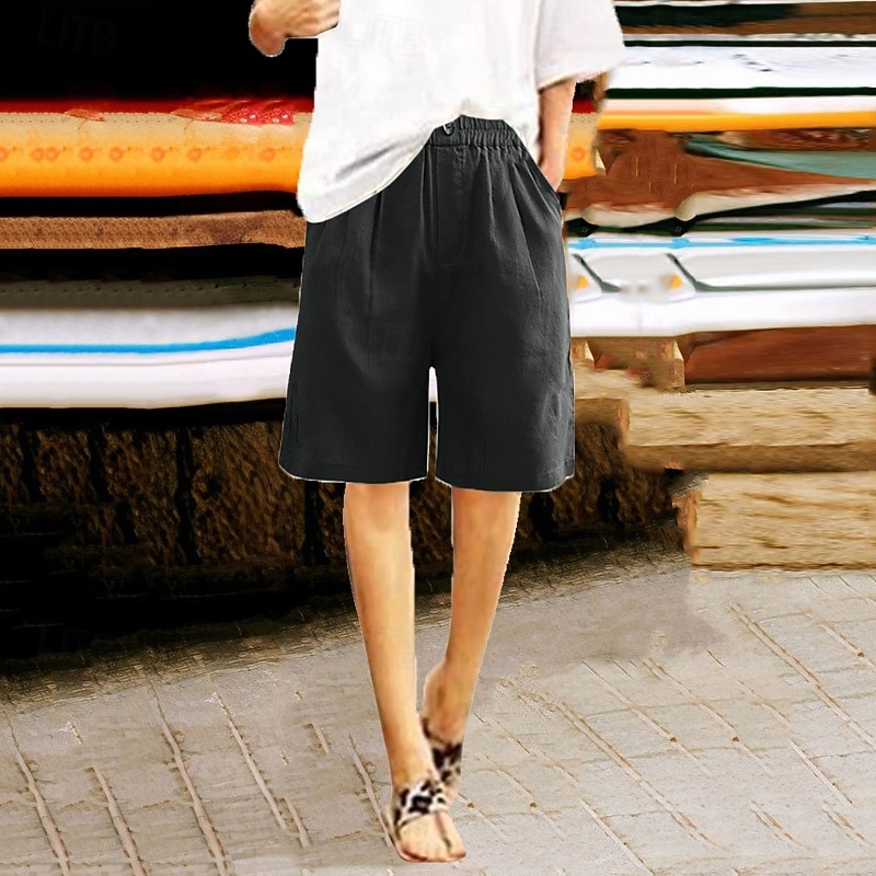 Women's Shorts Slacks Casual Knee Length Natural Plain Pocket Elastic Waist Comfy Outdoor Daily Wear Going out Peacock Blue Apricot Light Brown Light Sky Blue Summer Regular Fit