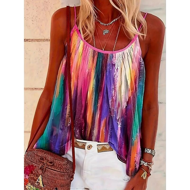 Women's Camisole Tank Top Tie Dye Bohemia Vintage Daily Sleeveless Strap Scoop Neck Regular Tops Daily Backless Print Pink Blue Fuchsia Summer Spring